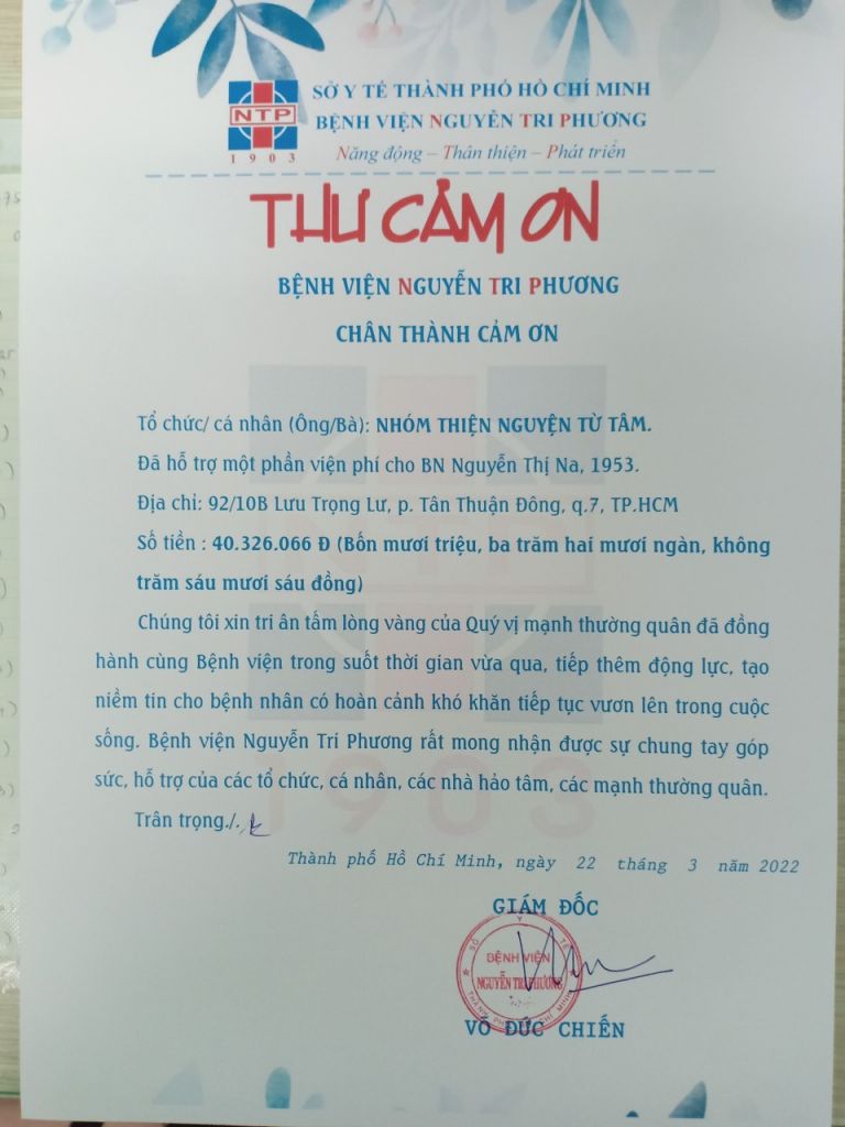 Thư cám ơn nhóm Thiện nguyện Từ tâm tháng 03/2022