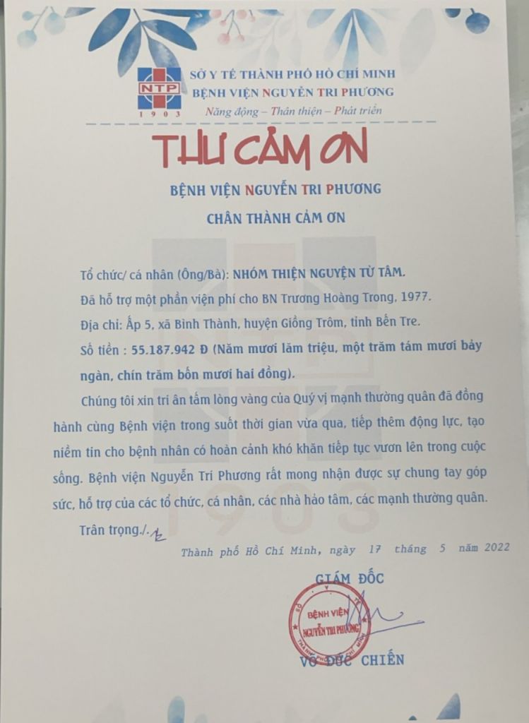 Thư cám ơn nhóm Thiện nguyện Từ Tâm 