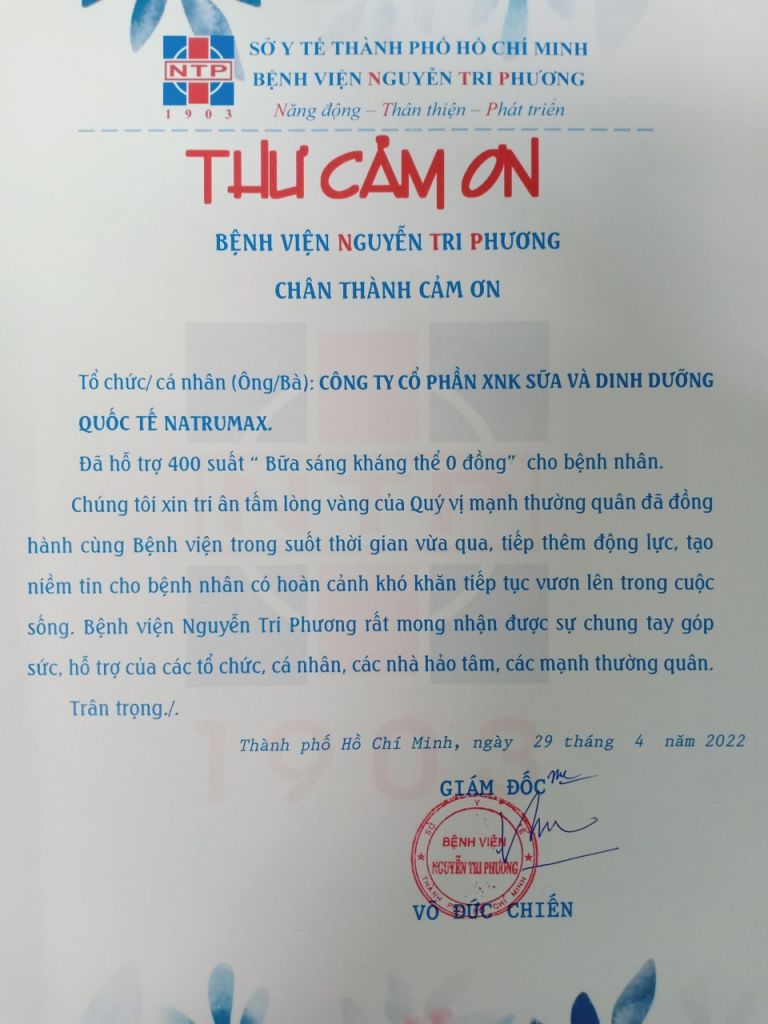 Thư cám ơn Công ty cổ phần xuất nhập khẩu sữa và dinh dưỡng Quốc tế Natrumax