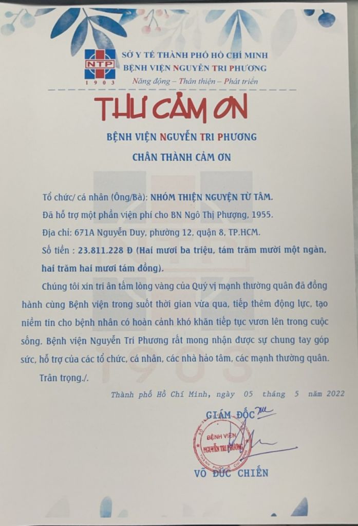 Thư cám ơn nhóm Thiện nguyện Từ tâm tháng 05/2022