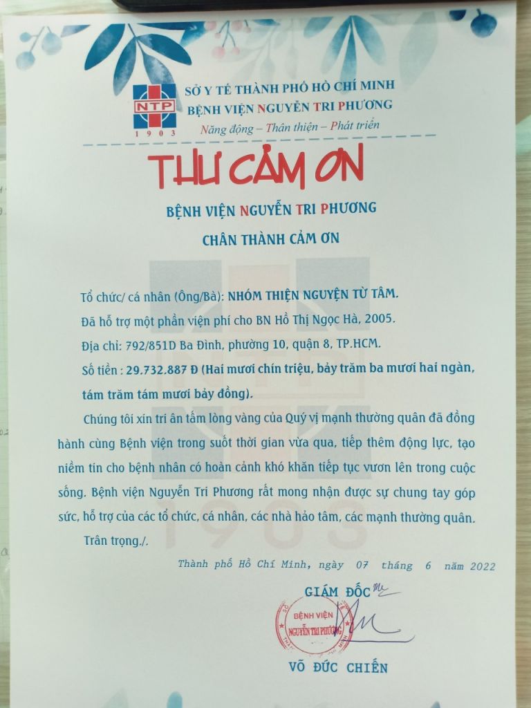Thư cám ơn nhóm Thiện nguyện Từ Tâm tháng 06/2022