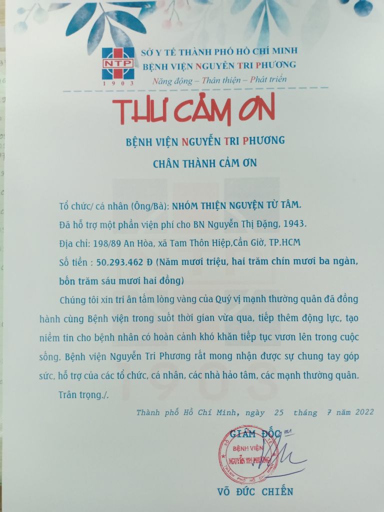 Thư cám ơn nhóm Thiện nguyện Từ Tâm tháng 07/2022