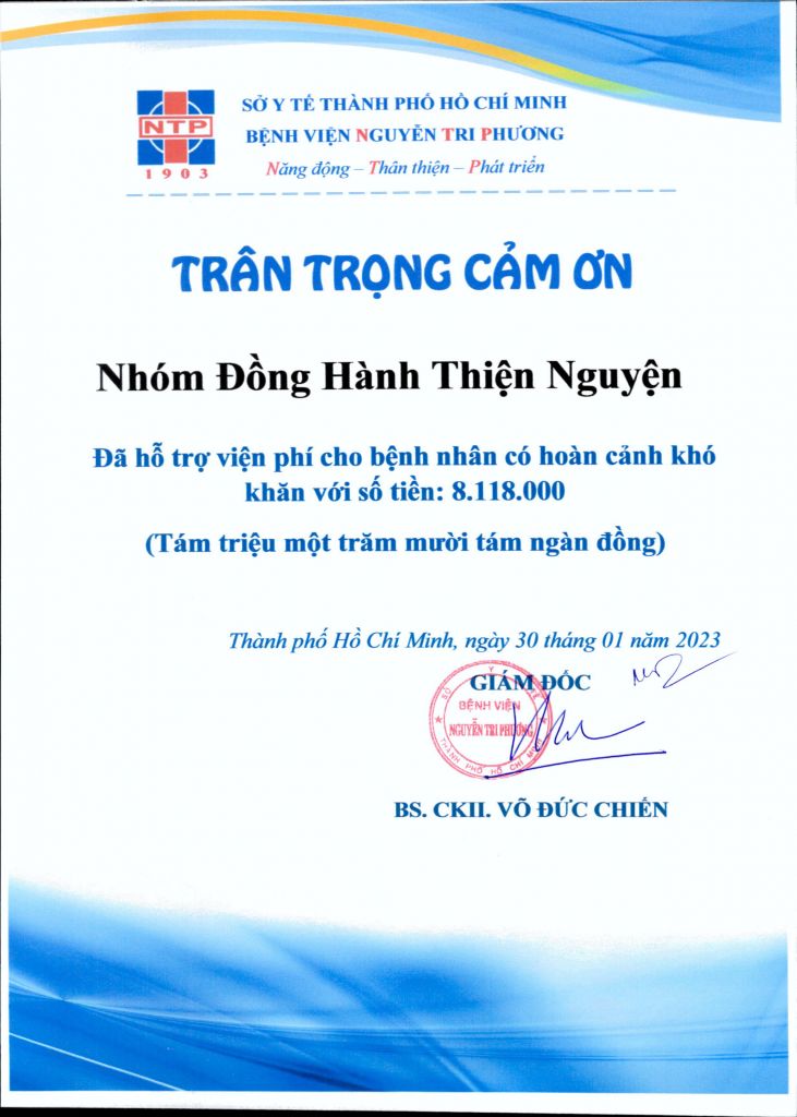 Thư cảm ơn nhóm Đồng hành Thiện nguyện