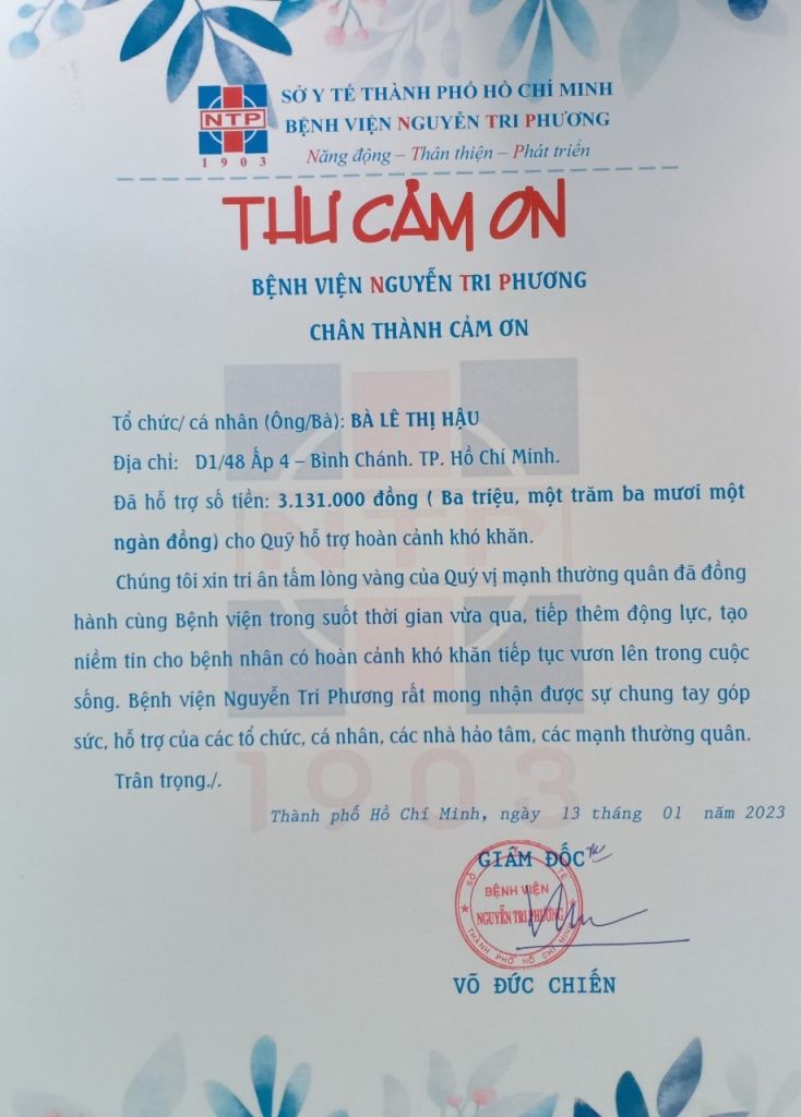 Thư cám ơn Bà Lê Thị Hậu