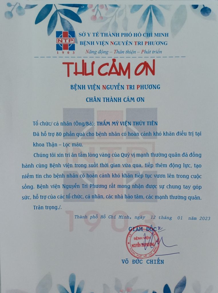 Thư cám ơn Thẩm mỹ viện Thủy Tiên