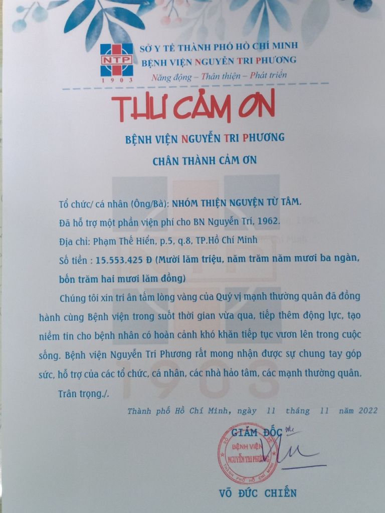 Thư cám ơn nhóm Thiện nguyện Từ tâm tháng 11.2022