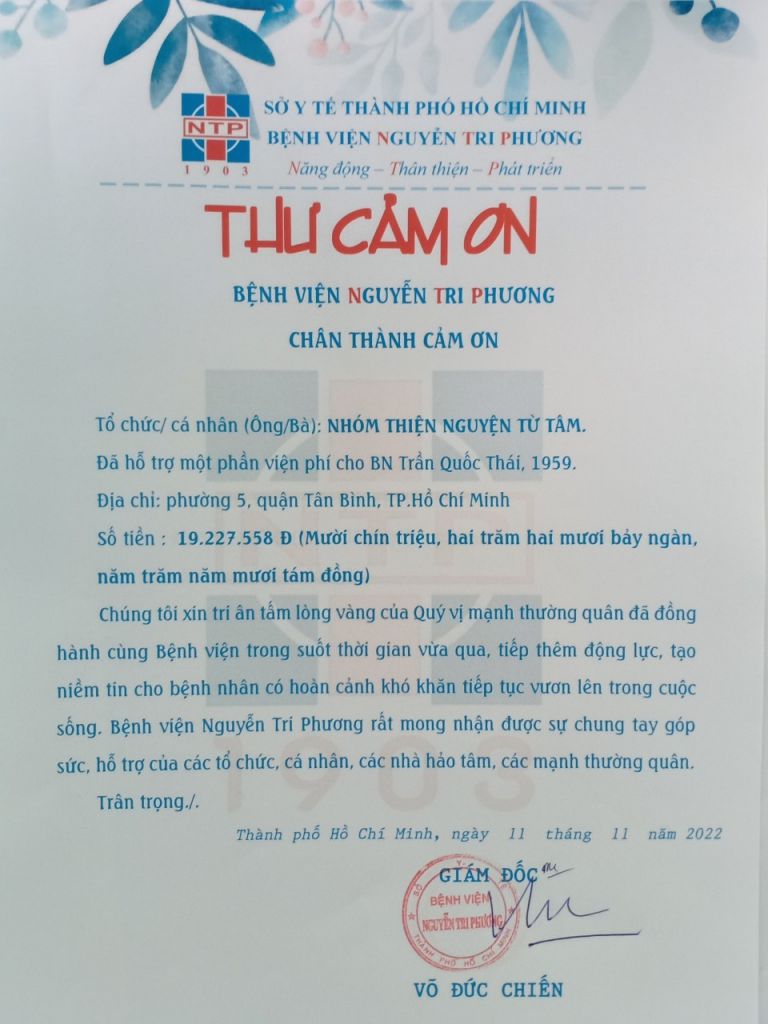 Thư cám ơn nhóm Thiện nguyện Từ tâm tháng 11/2022