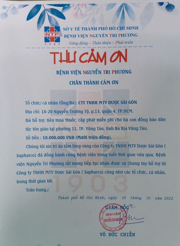 Thư cám ơn Công ty TNHH MTV Dược Sài Gòn