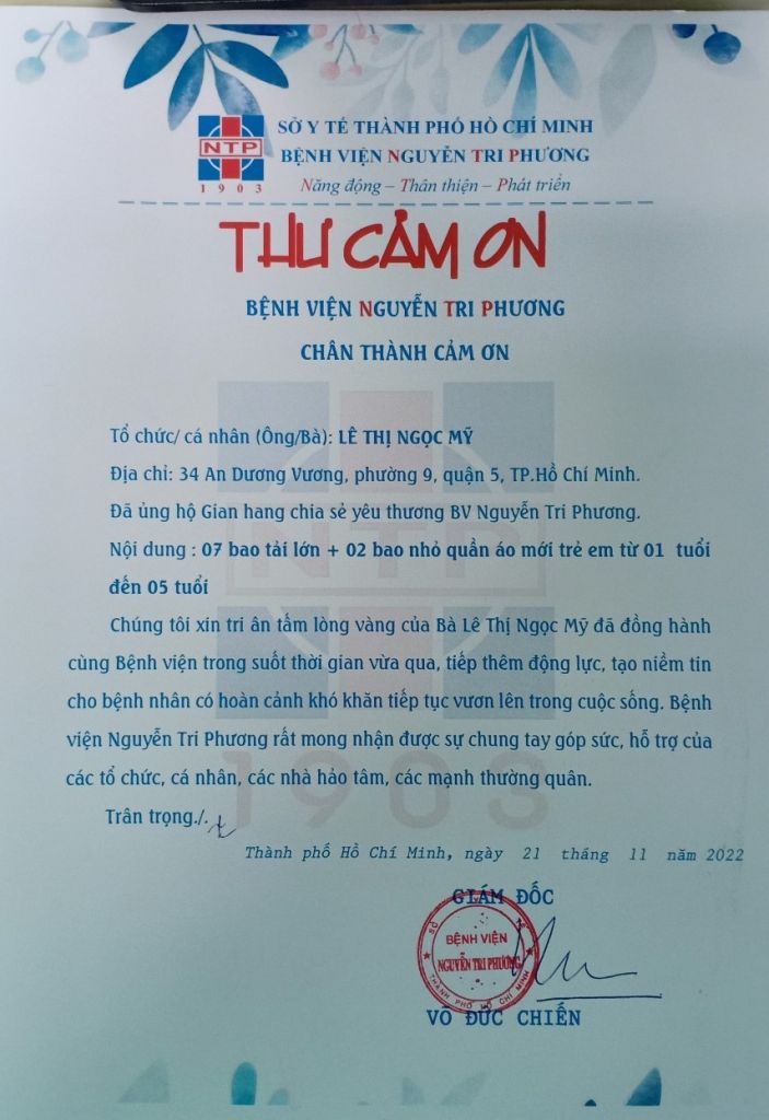 Thư cám ơn Bà Lê Thị Ngọc Mỹ