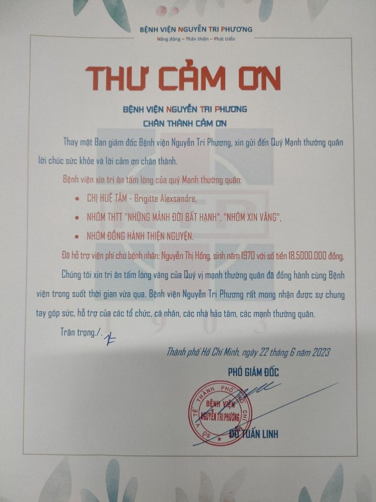 Thư cảm ơn tri ân tấm lòng của Quý Mạnh thường quân tháng 06/2023 (đợt 2)