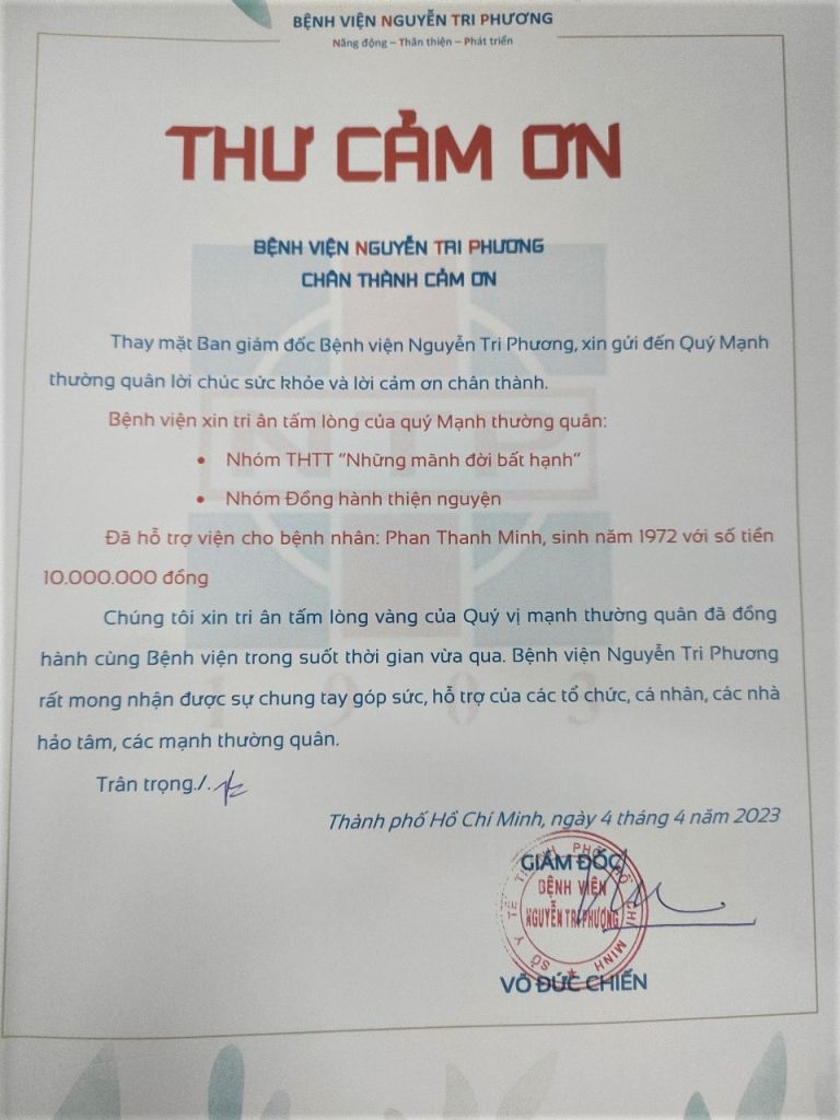 Thư cảm ơn tri ân tấm lòng của Quý Mạnh thường quân tháng 04/2023