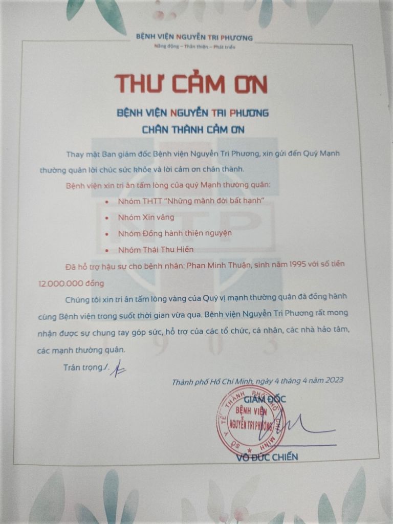 Thư cảm ơn tri ân tấm lòng của Quý Mạnh thường quân tháng 04/2023 