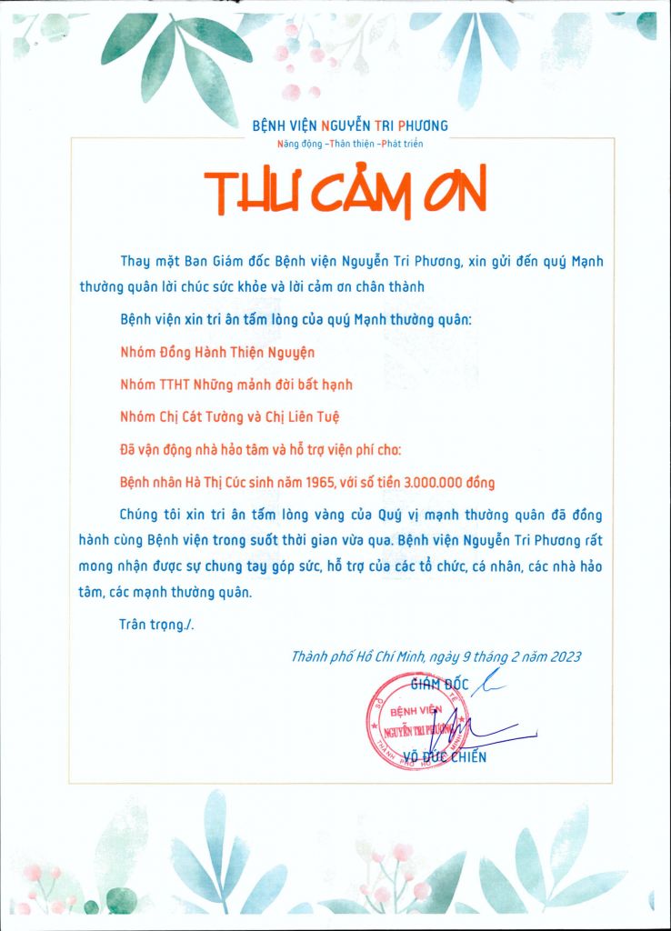Thư cảm ơn tri ân tấm lòng của Quý Mạnh thường quân tháng 02/2023 (đợt 2)