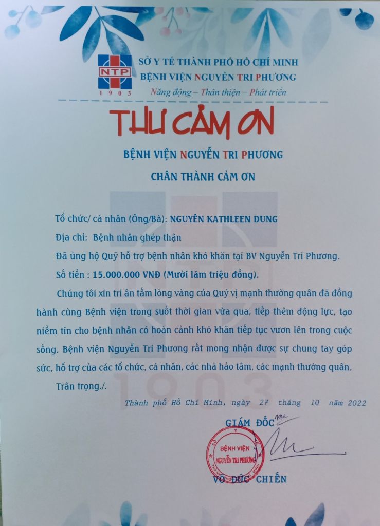 Thư cám ơn Ông/ Bà Nguyên Kathleen Dung