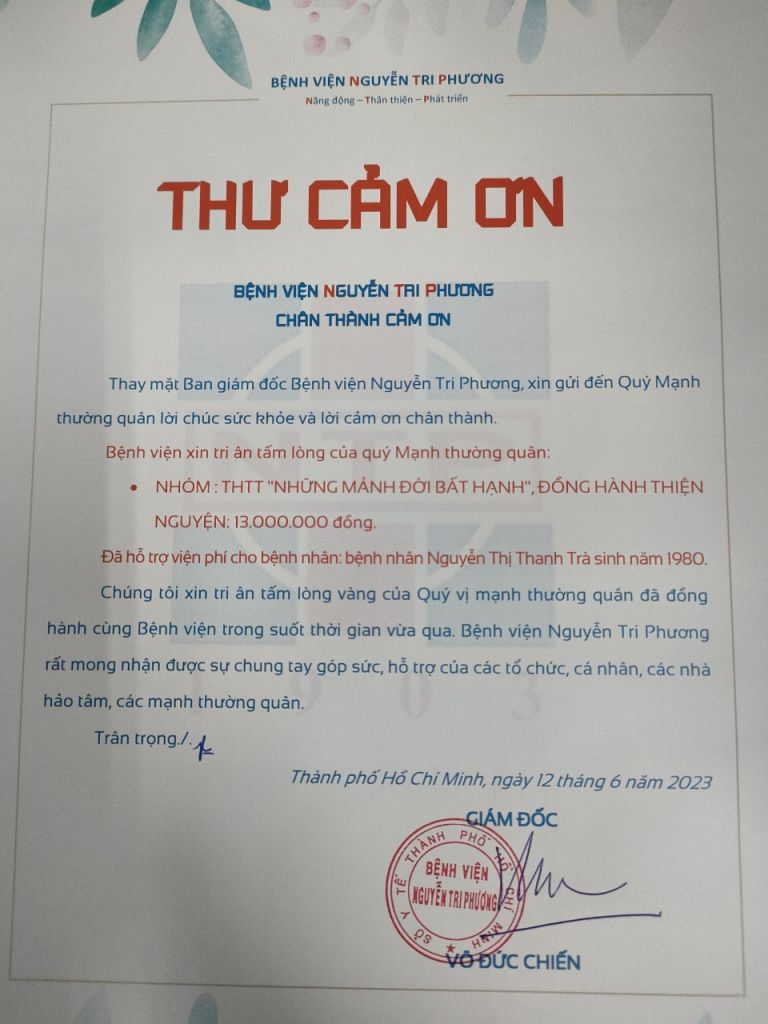 Thư cảm ơn tri ân tấm lòng của nhóm TTHT Những mảnh đời bất hạnh, Đồng hành thiện nguyện tháng 06/2023
