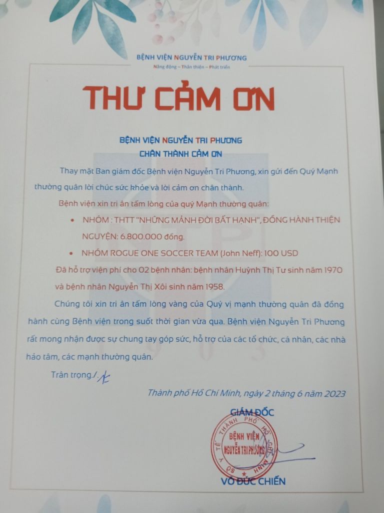 Thư cảm ơn tri ân tấm lòng của Quý Mạnh thường quân tháng 06/2023