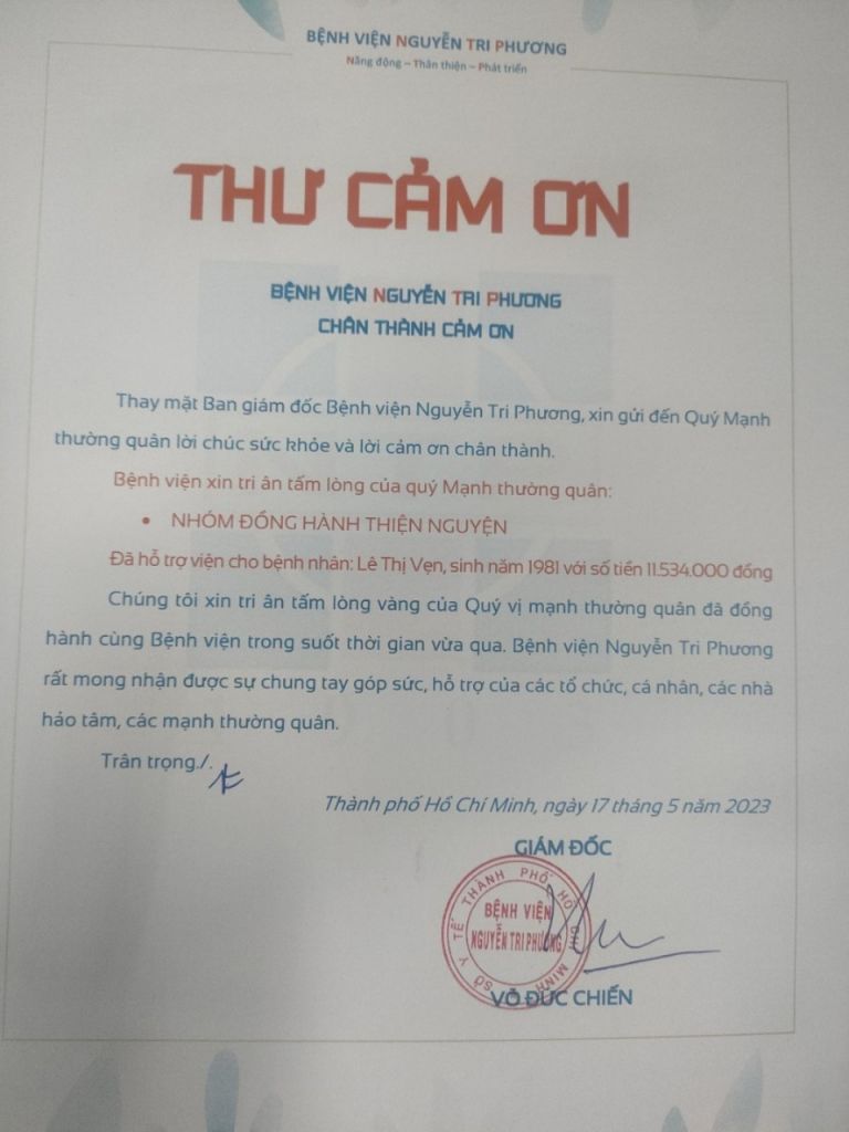 Thư cảm ơn nhóm Đồng Hành Thiện Nguyện (tháng 05/2023)