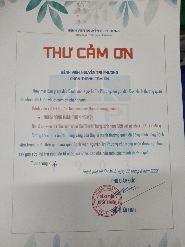 Thư cảm ơn nhóm Đồng Hành Thiện Nguyện (tháng 06/2023 - đợt 2)