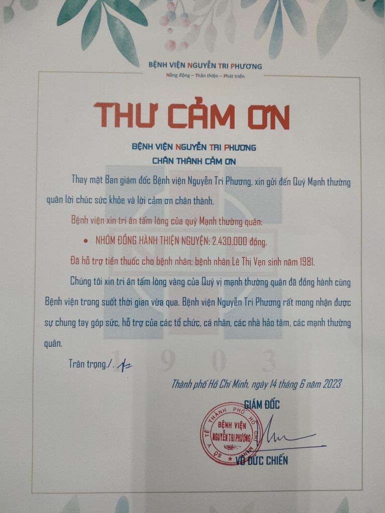 Thư cảm ơn nhóm Đồng Hành Thiện Nguyện (tháng 06/2023 - đợt 2)