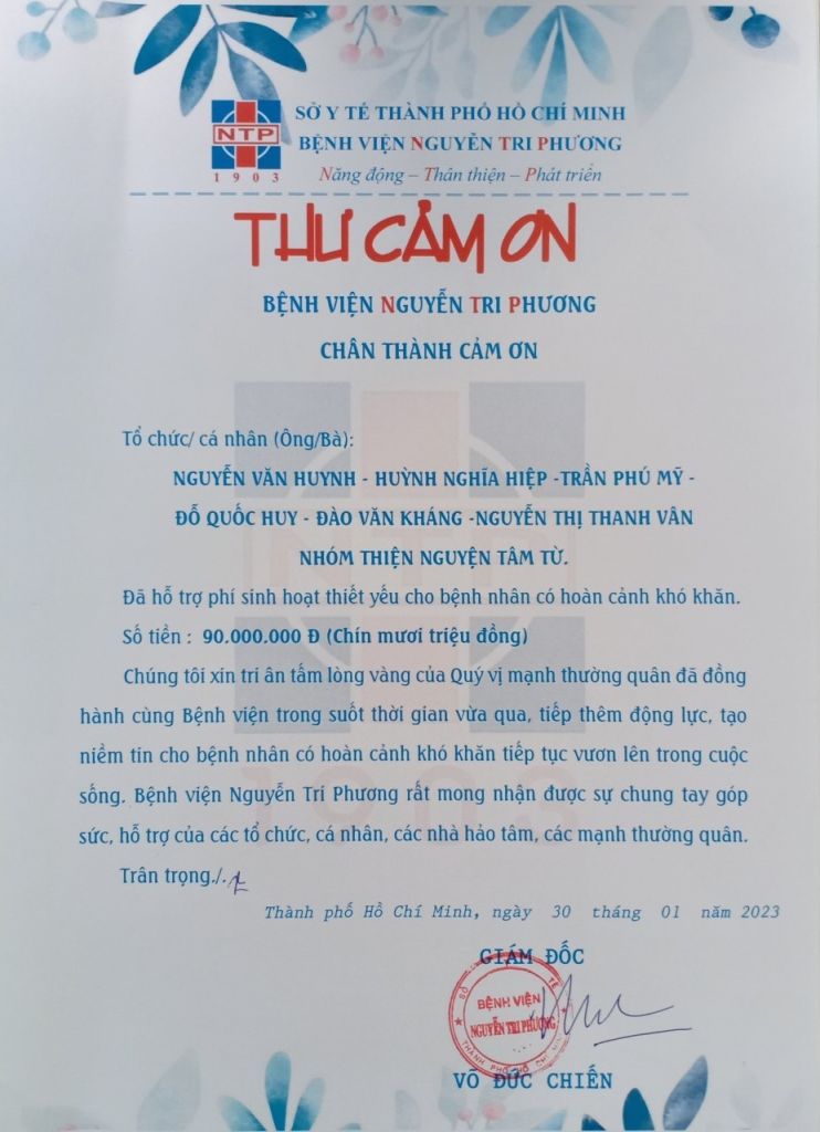 Thư cảm ơn nhóm Thiện nguyện Tâm Từ