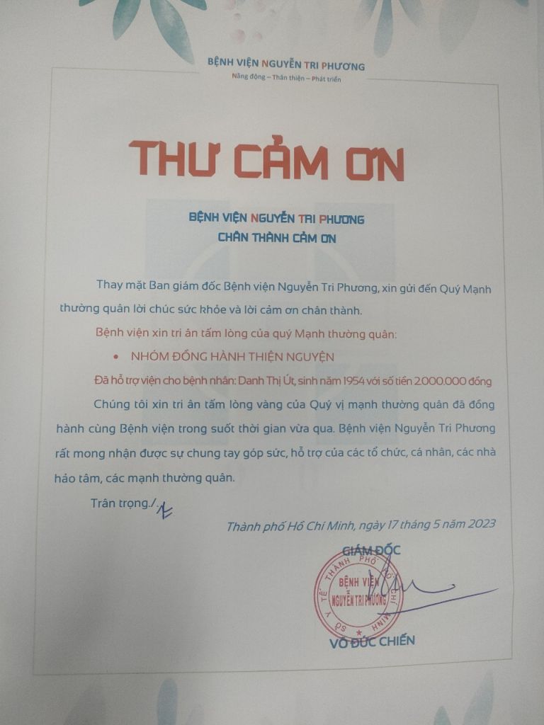 Thư cảm ơn nhóm Đồng Hành Thiện Nguyện (tháng 05/2023)