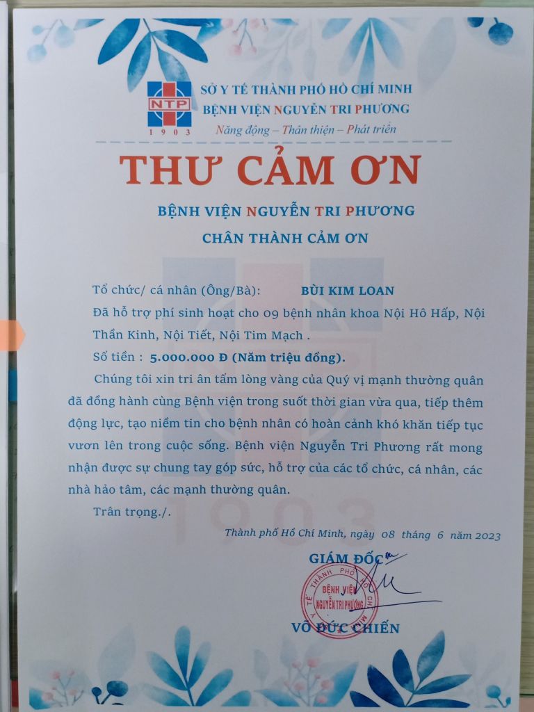 Thư cảm ơn bà Bùi Kim Loan