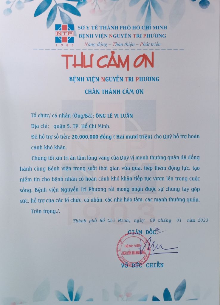 Thư cám ơn Ông Lê Vi Luân (tháng 01.2023)