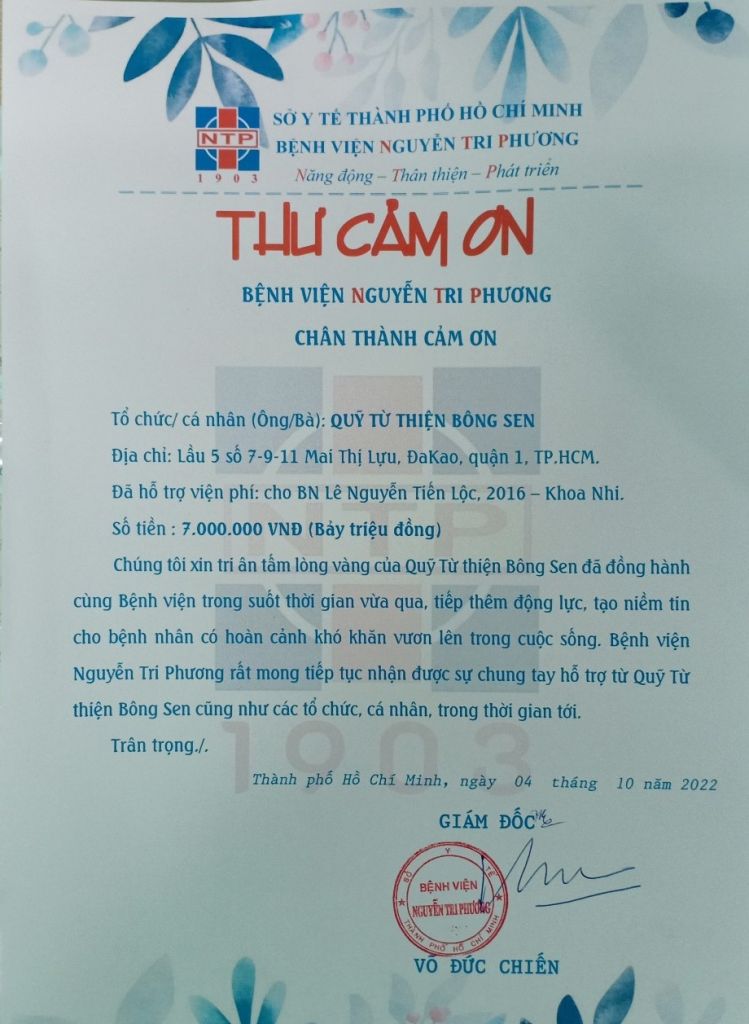 Thư cám ơn Quỹ từ thiện Bông Sen tháng 10/2022