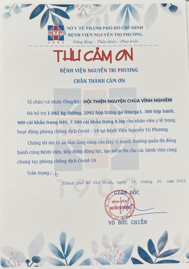 Thư cám ơn Hội thiện nguyện chùa Vĩnh Nghiêm