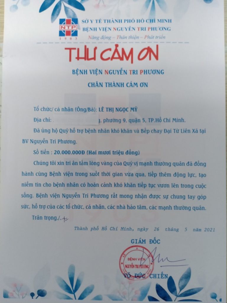 thư cám ơn bà Lê Thị Ngọc Mỹ